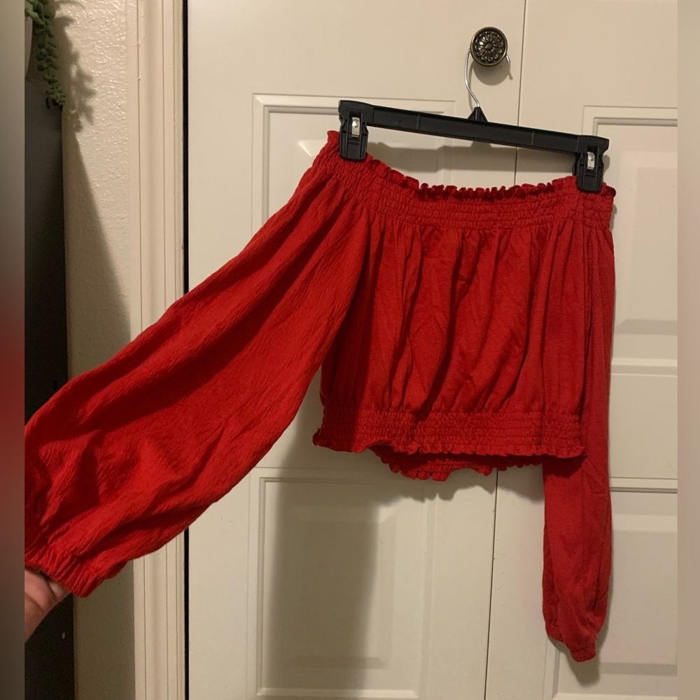 Red Long Sleeve Scrunchie Cropped Blouse